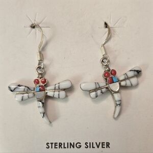 Sterling Silver Dragonfly Earrings White Stone Inlay Turquoise Coral Boho